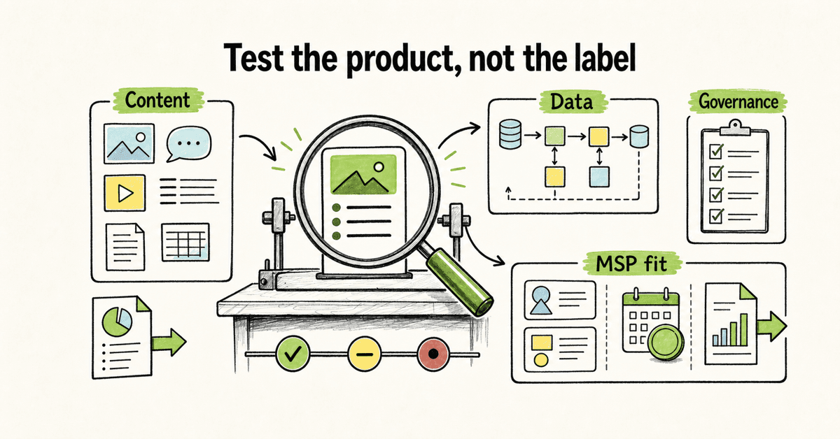 Hand-drawn MSP evaluation board testing an AI security awareness platform across content, data, governance, security, client operations, measurement, and commercial fit.