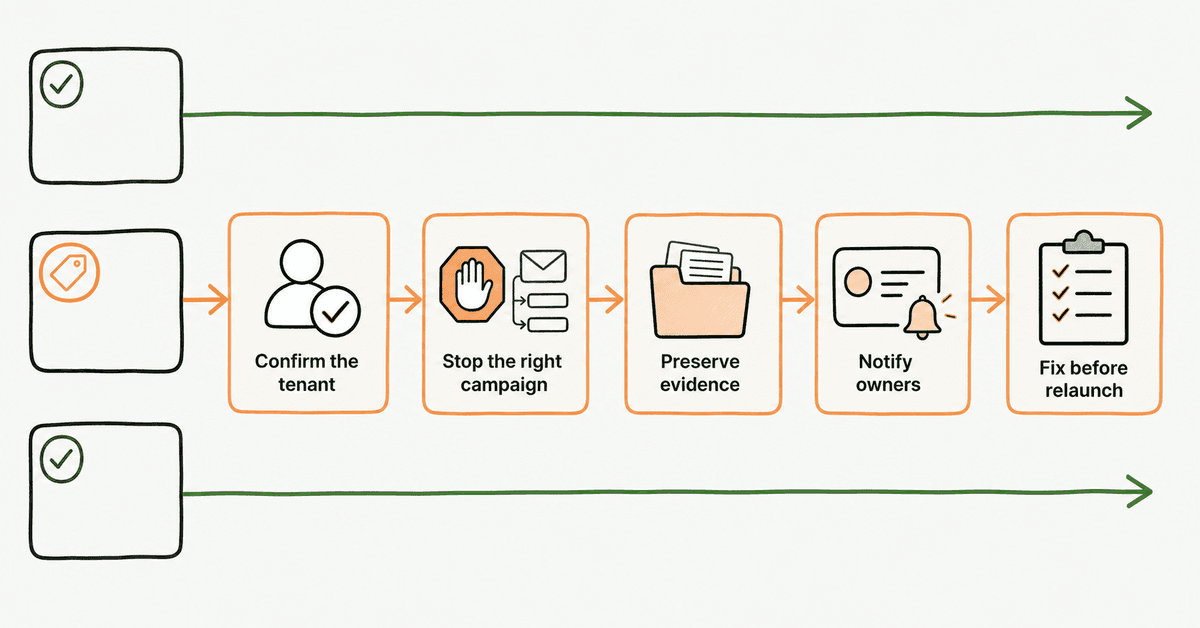 Hand-drawn MSP campaign control flow showing one phishing simulation isolated from three client tenants, then confirmed, stopped, preserved, communicated, and corrected before relaunch.