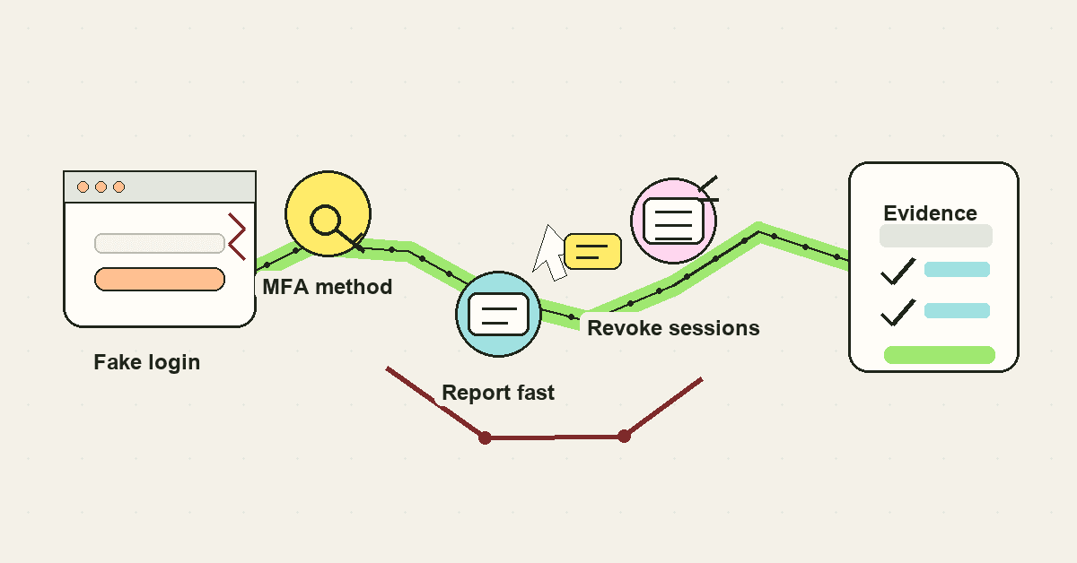 Hand-drawn workflow showing a fake login being routed through MFA method review, fast reporting, session revocation, and client evidence for an MSP credential-phishing response.