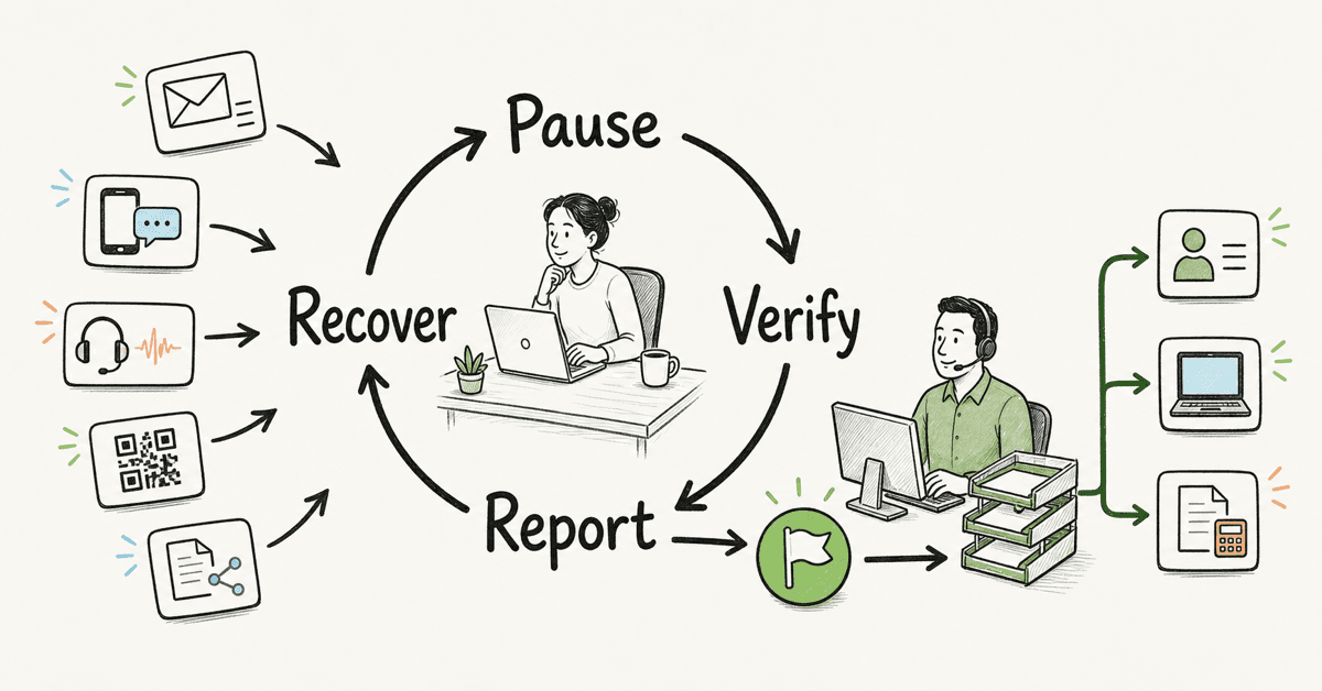 Hand-drawn employee phishing response loop showing email, SMS, voice, QR code, and shared-document requests flowing into Pause, Verify, Report, and Recover, then to an MSP-owned identity, endpoint, or finance response.