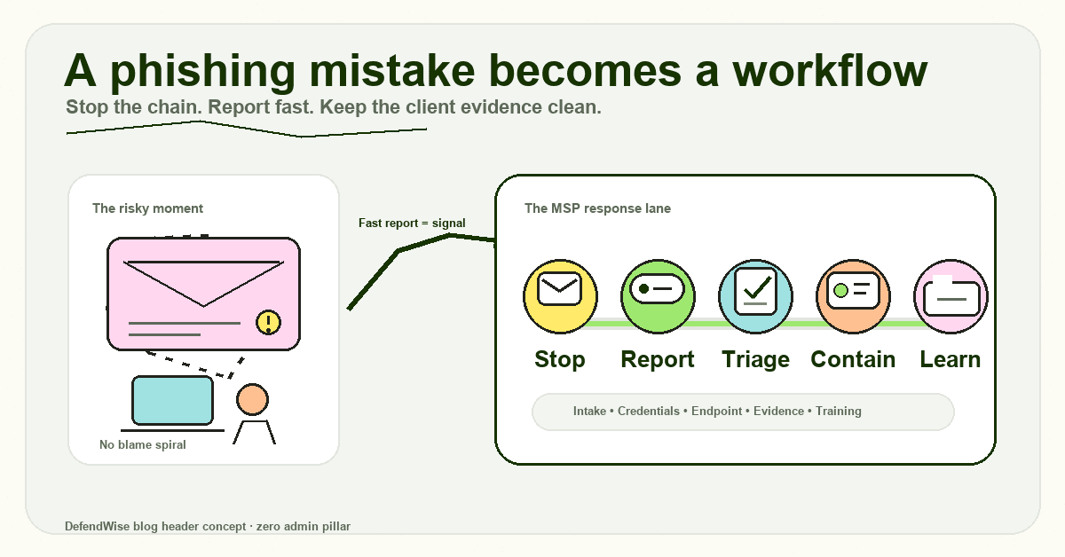 Illustration of a suspicious email moving from a no-blame spiral into a clear MSP response lane labelled Stop, Report, Triage, Contain, and Learn.